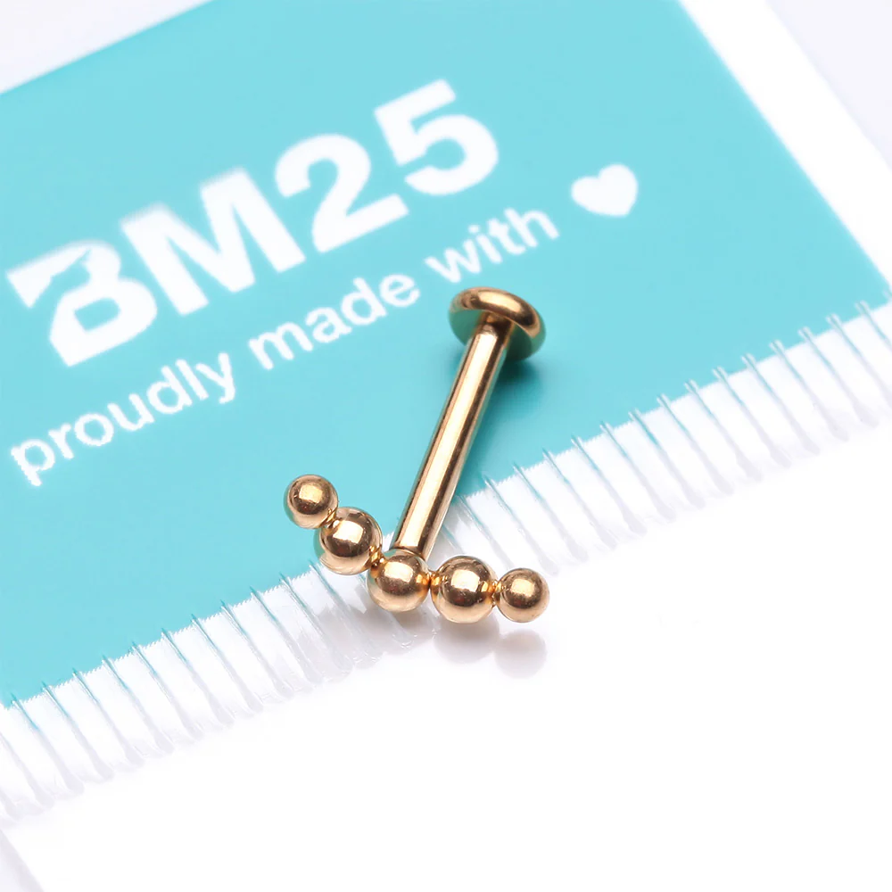 Implant Grade Titanium Golden Crescent Curve Beaded Ball Top Internally Threaded Labret Flat Back Stud - Image 4