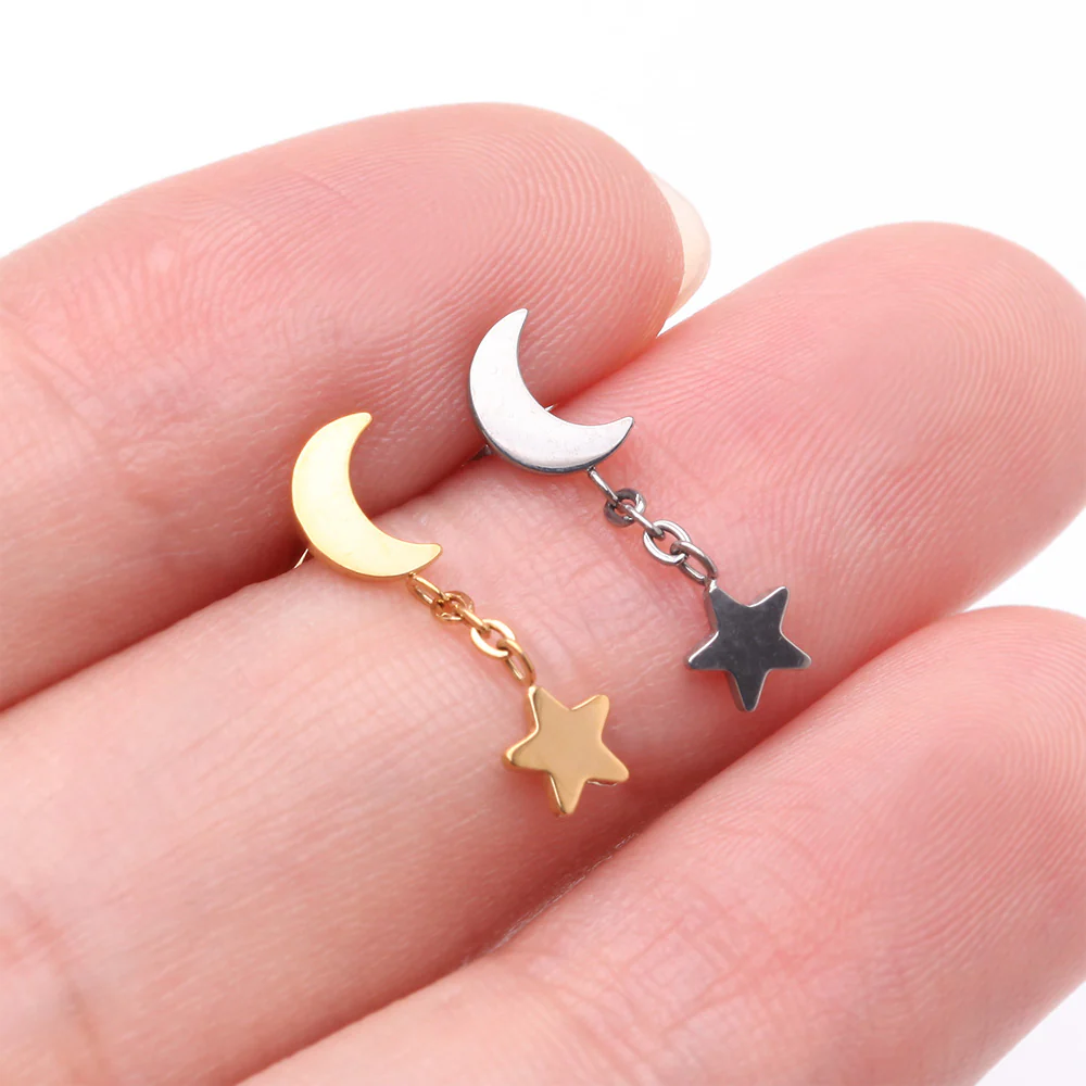 Implant Grade Titanium Golden Crescent Moon with Star Dangle Internally Threaded Flat Back Stud Labret - Image 4