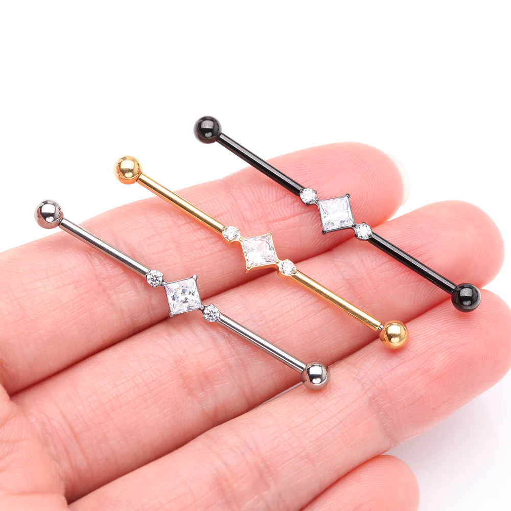 Implant Grade Titanium Golden Diamante Sparkle Internally Threaded Industrial Barbell - Image 4