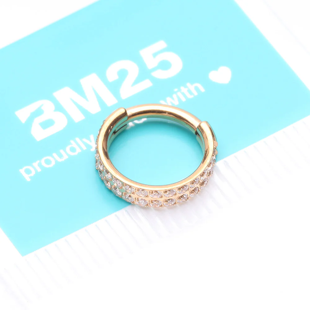 Implant Grade Titanium Golden Double Lined Gems Seamless Clicker Hoop Ring - Image 5