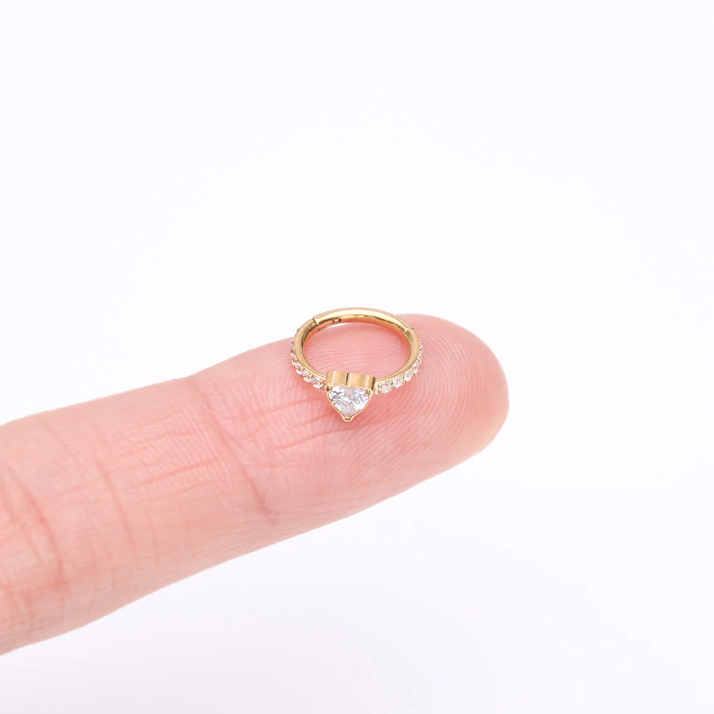 Implant Grade Titanium Golden Heart Sparkle Multi-Gem Rimmed Seamless Clicker Hoop Ring - Image 3