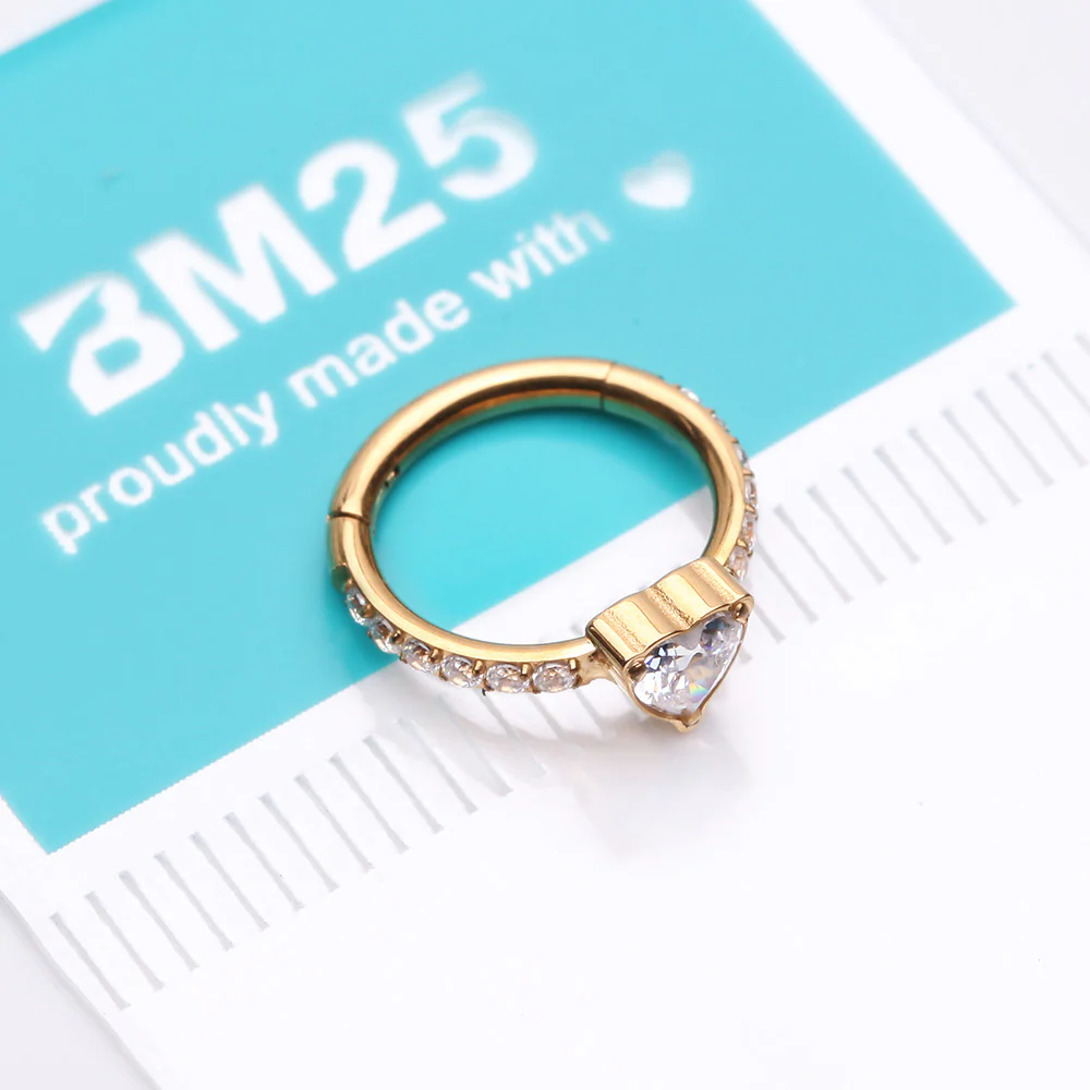Implant Grade Titanium Golden Heart Sparkle Multi-Gem Rimmed Seamless Clicker Hoop Ring - Image 4