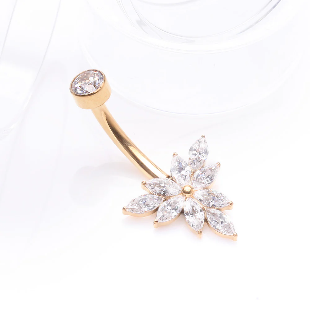 Implant Grade Titanium Golden Marquise Bloom Sparkle Flower Internally Threaded Belly Ring - Image 3