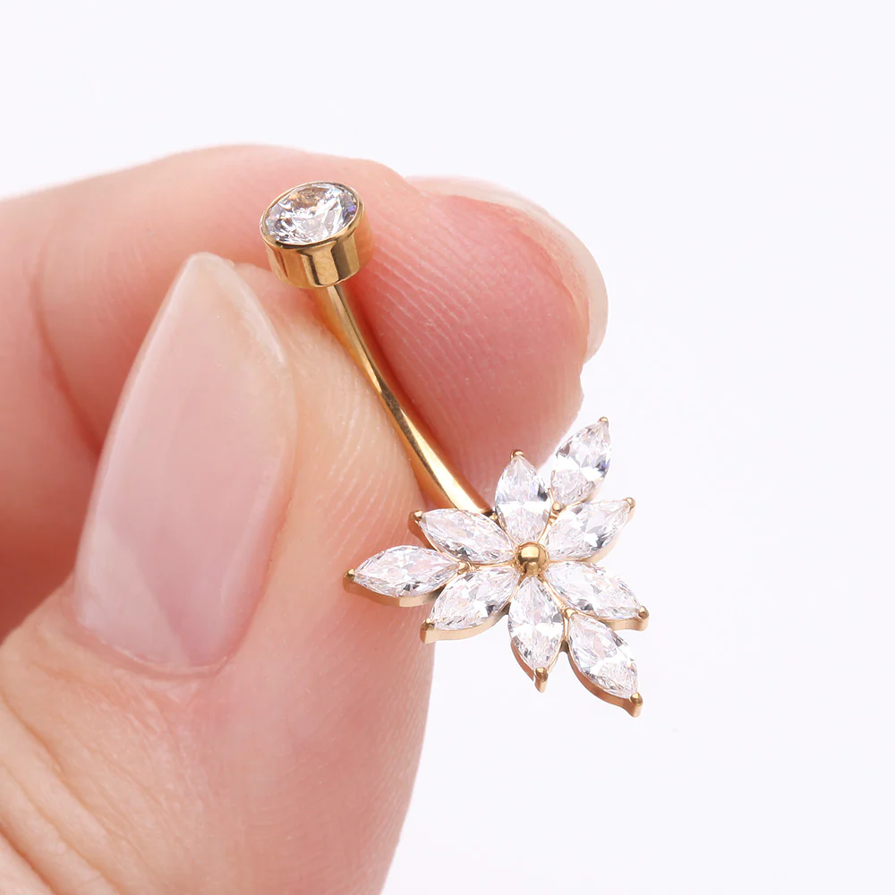 Implant Grade Titanium Golden Marquise Bloom Sparkle Flower Internally Threaded Belly Ring - Image 4
