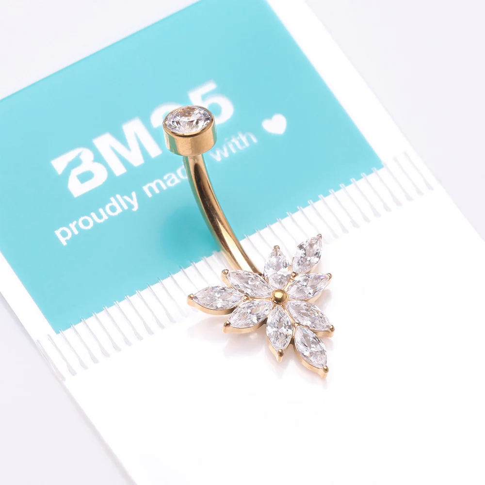 Implant Grade Titanium Golden Marquise Bloom Sparkle Flower Internally Threaded Belly Ring - Image 5