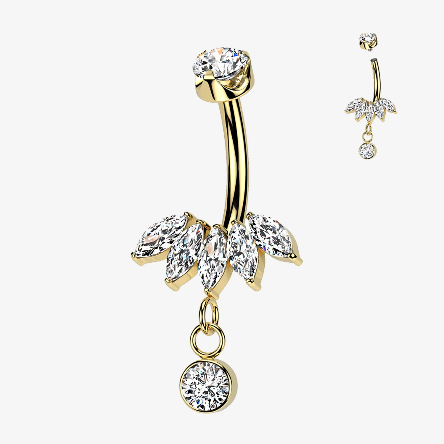 Implant Grade Titanium Golden Marquise Floral Sparkle Dangle Internally Threaded Belly Button Ring