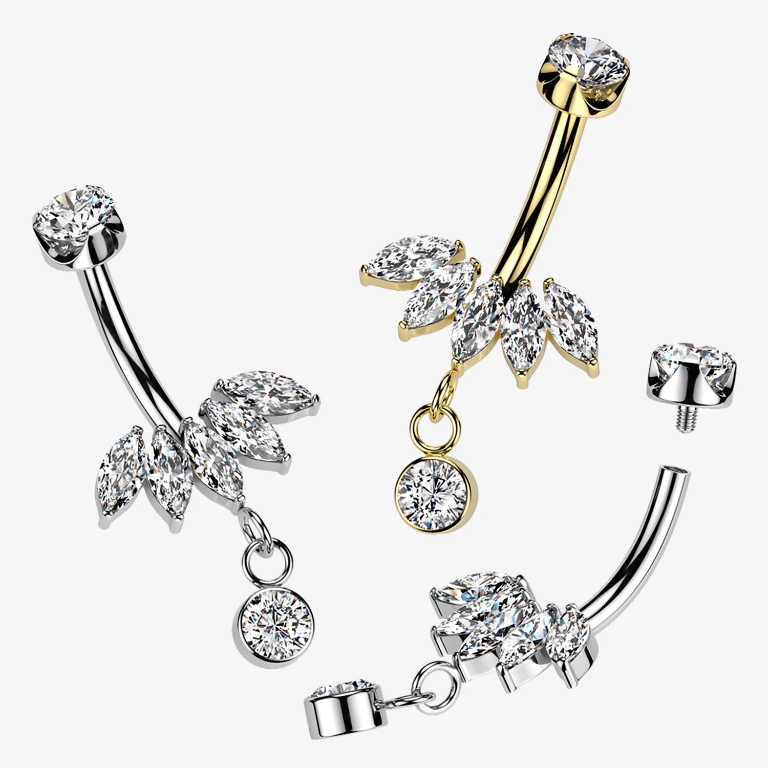 Implant Grade Titanium Golden Marquise Floral Sparkle Dangle Internally Threaded Belly Button Ring - Image 2