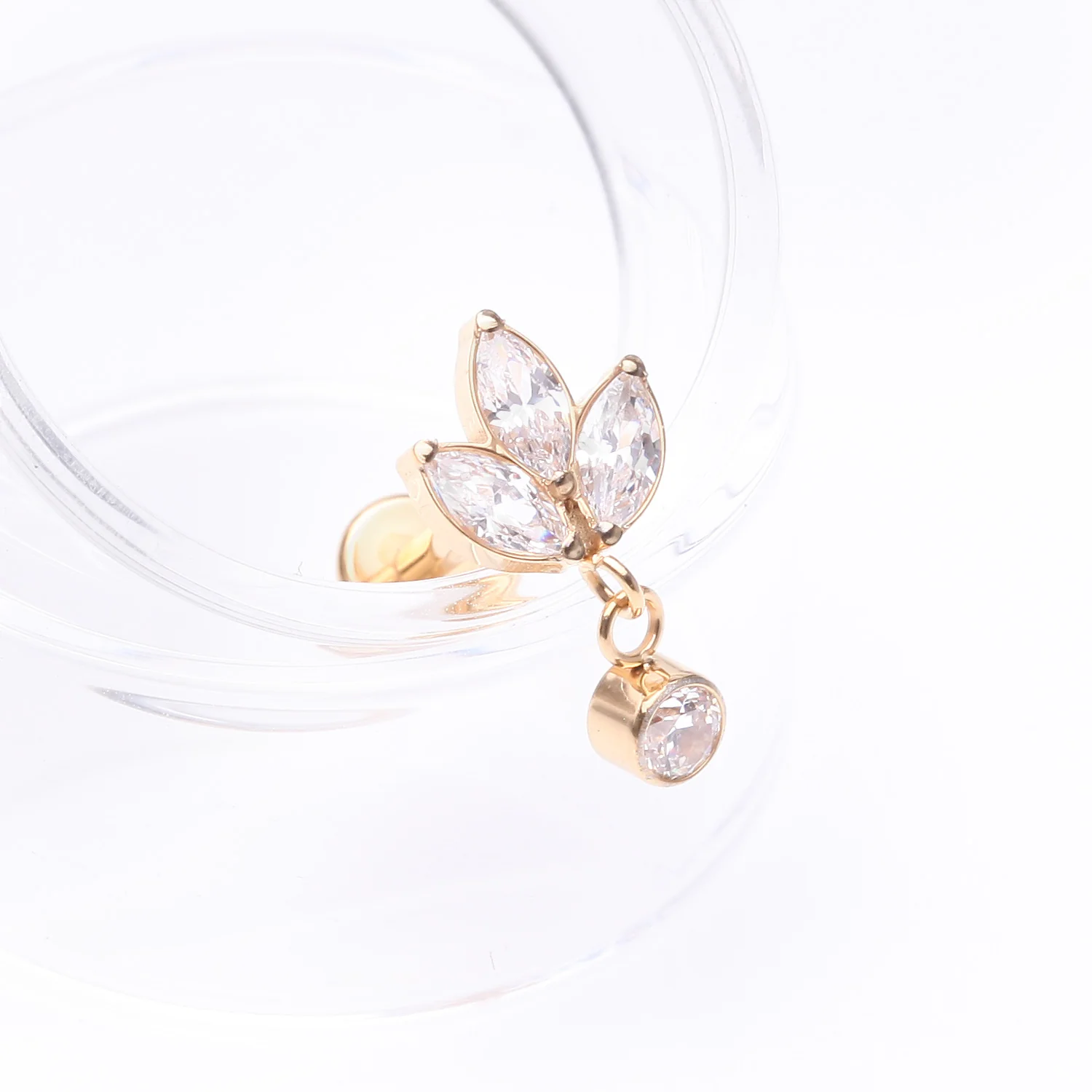 Implant Grade Titanium Golden Marquise Flower Sparkle Dangle Internally Threaded Flat Back Stud Labret - Image 2