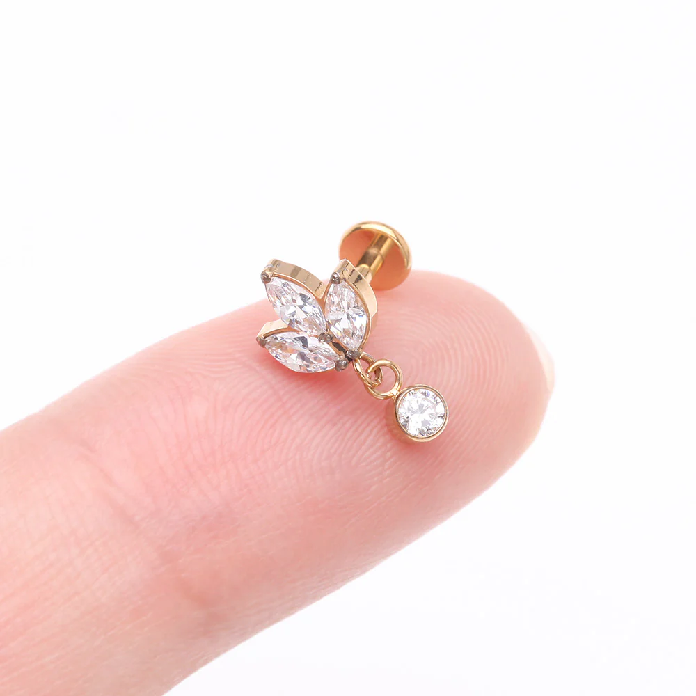 Implant Grade Titanium Golden Marquise Flower Sparkle Dangle Internally Threaded Flat Back Stud Labret - Image 3