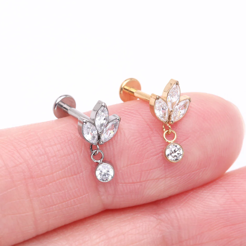 Implant Grade Titanium Golden Marquise Flower Sparkle Dangle Internally Threaded Flat Back Stud Labret - Image 4