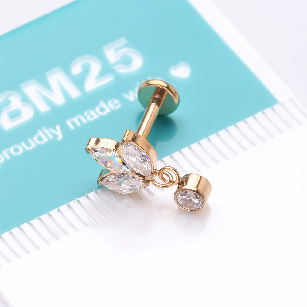 Implant Grade Titanium Golden Marquise Flower Sparkle Dangle Internally Threaded Flat Back Stud Labret - Image 5