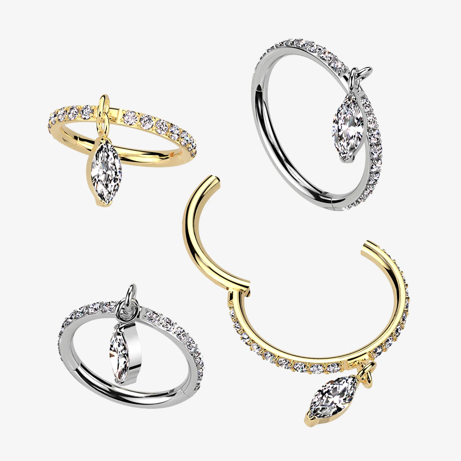 Implant Grade Titanium Golden Marquise Sparkle Dangle Gem Lined Clicker Hoop Ring - Image 2
