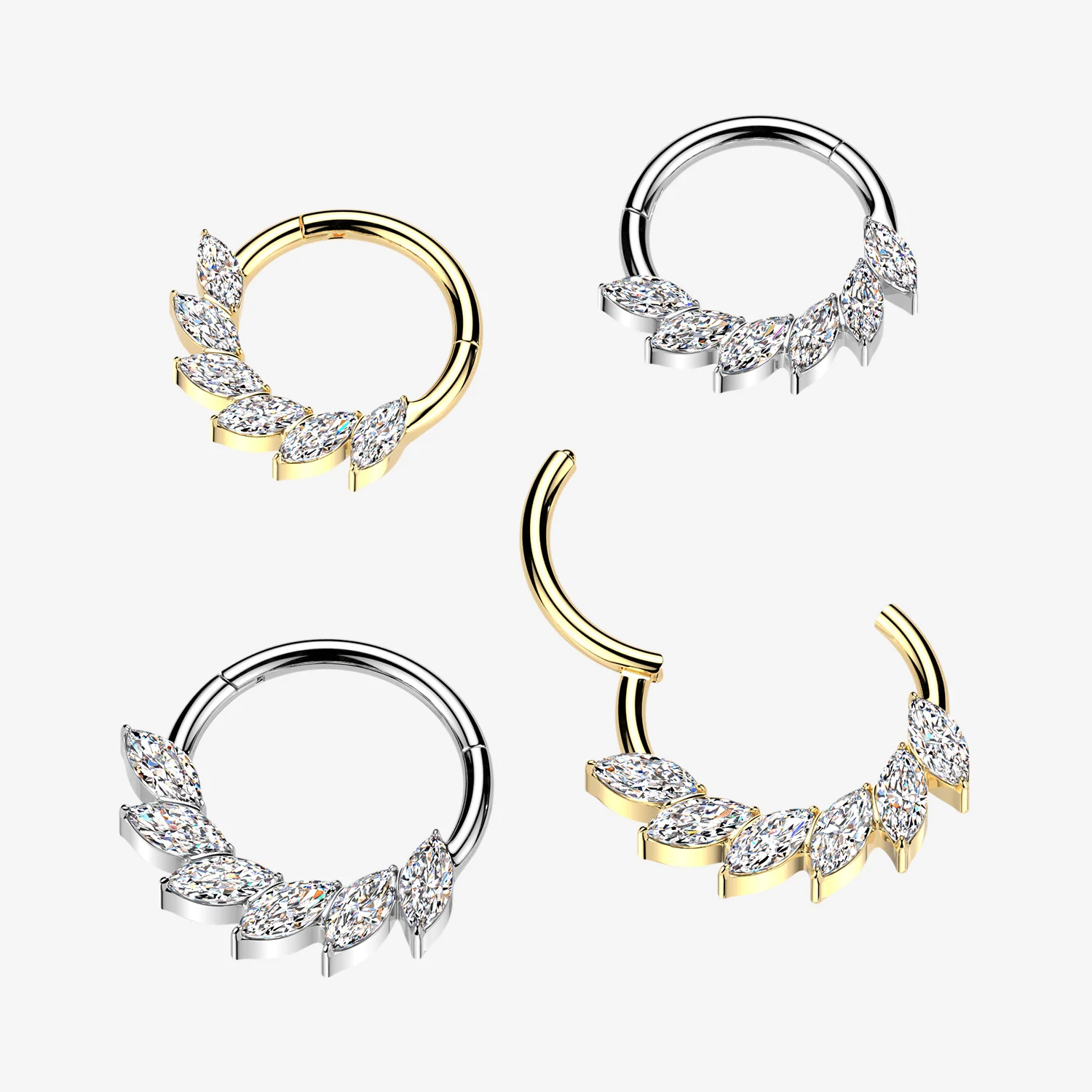 Implant Grade Titanium Golden Marquise Sparkle Floral Swirl Clicker Hoop Ring - Image 2
