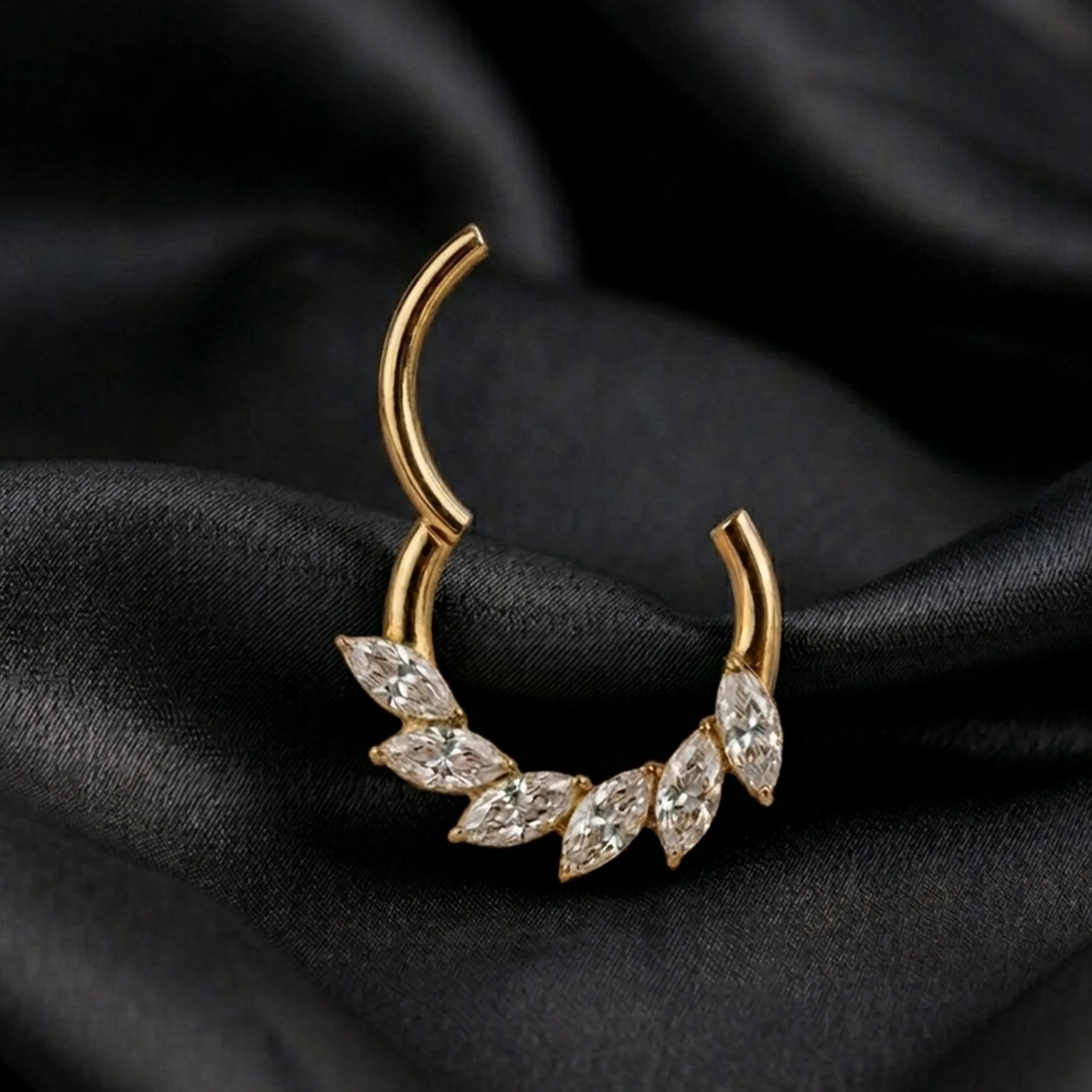 Implant Grade Titanium Golden Marquise Sparkle Floral Swirl Clicker Hoop Ring - Image 3