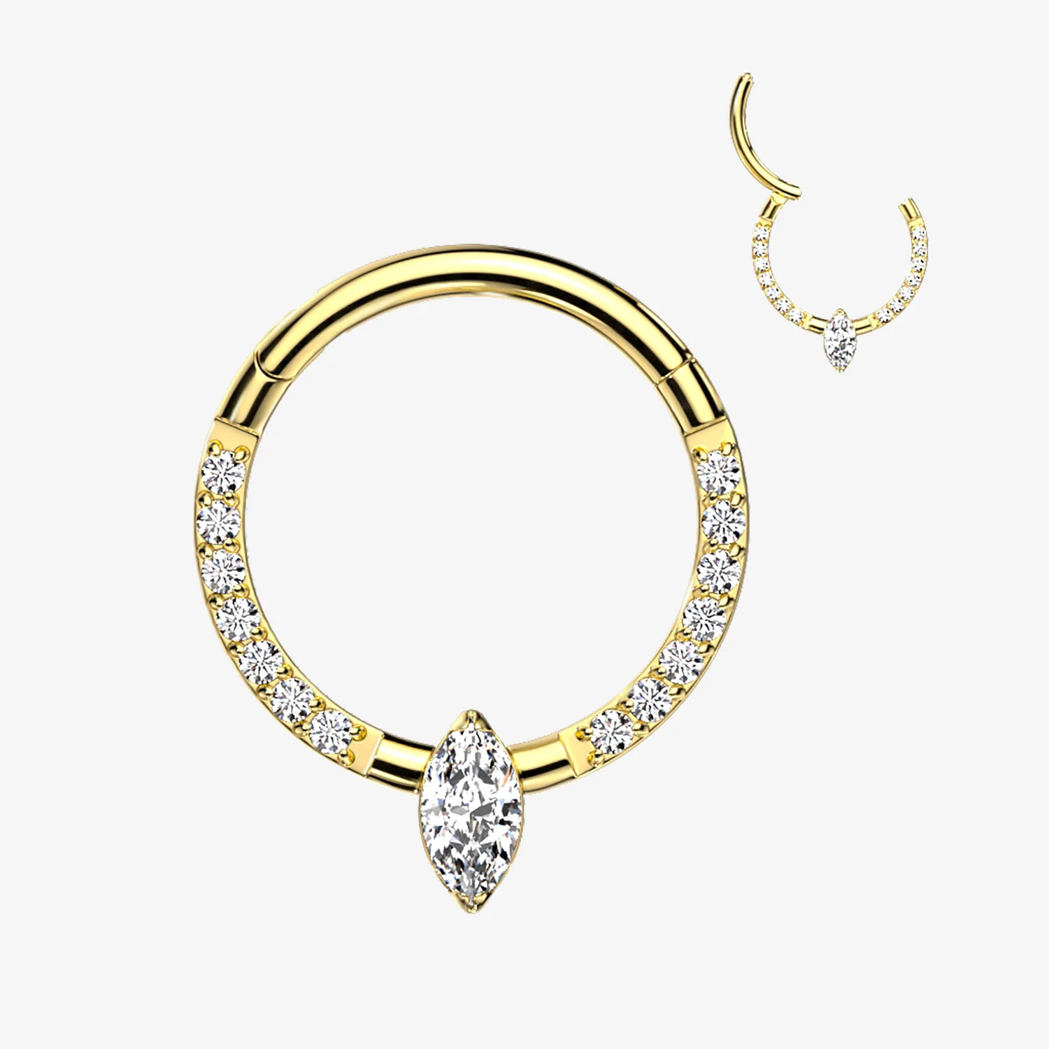 Implant Grade Titanium Golden Marquise Sparkle Gem Lined Clicker Hoop Ring