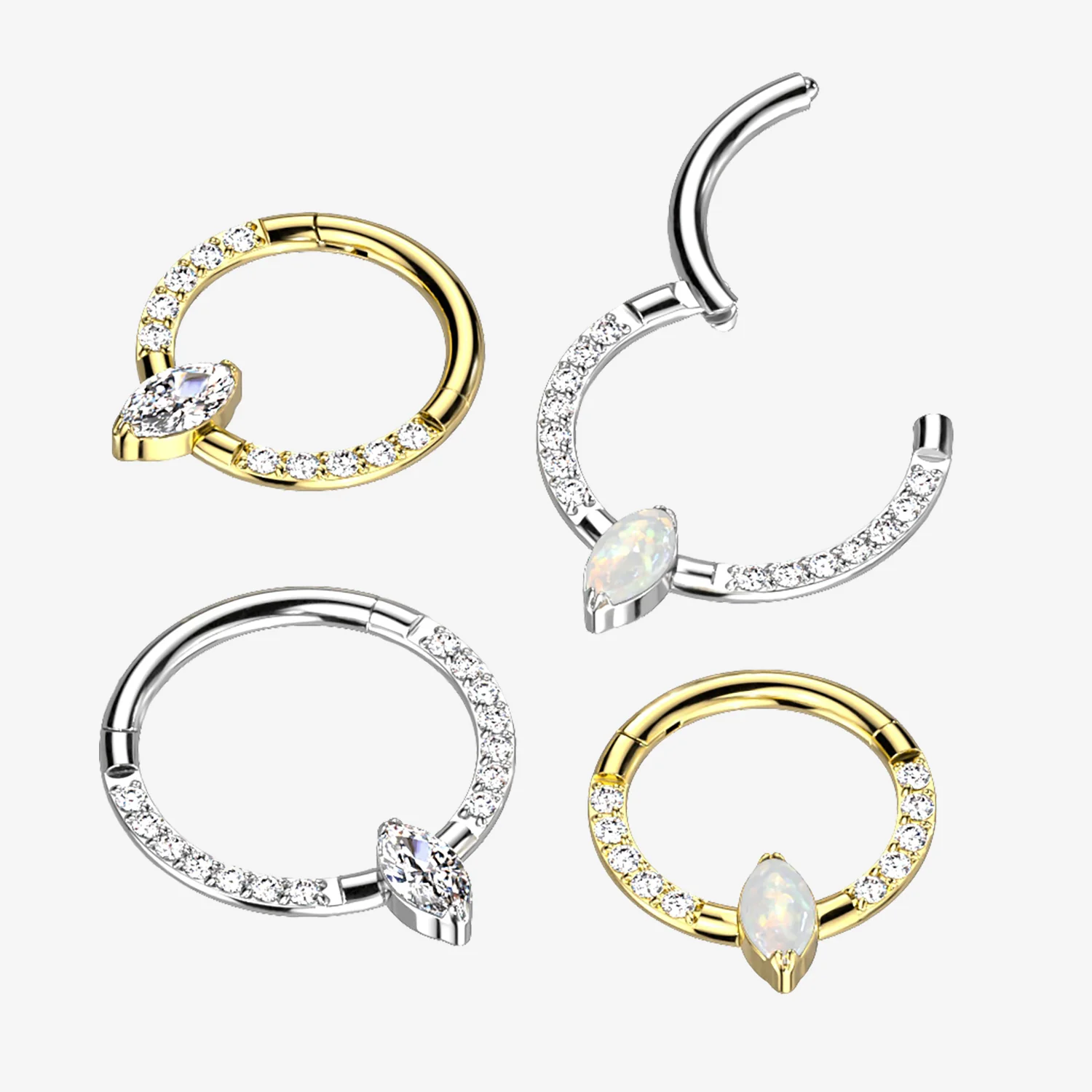 Implant Grade Titanium Golden Marquise Sparkle Gem Lined Clicker Hoop Ring - Image 2