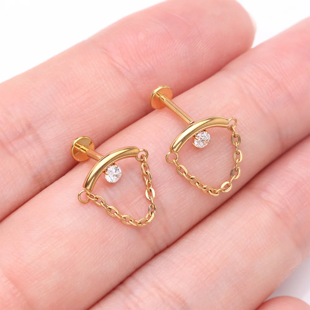 Implant Grade Titanium Golden Modern Curve Sparkle Chained Internally Threaded Labret - Image 4