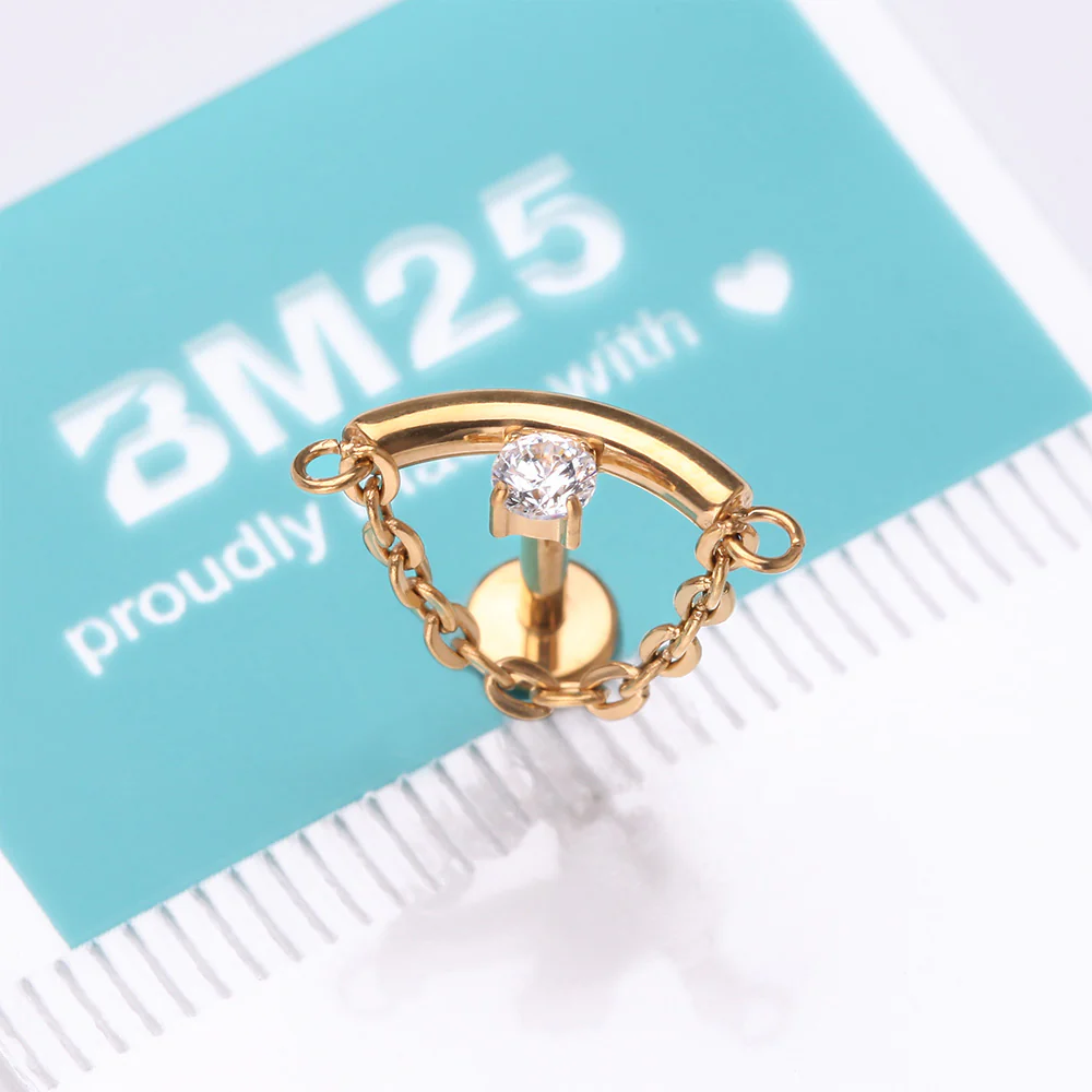 Implant Grade Titanium Golden Modern Curve Sparkle Chained Internally Threaded Labret - Image 5