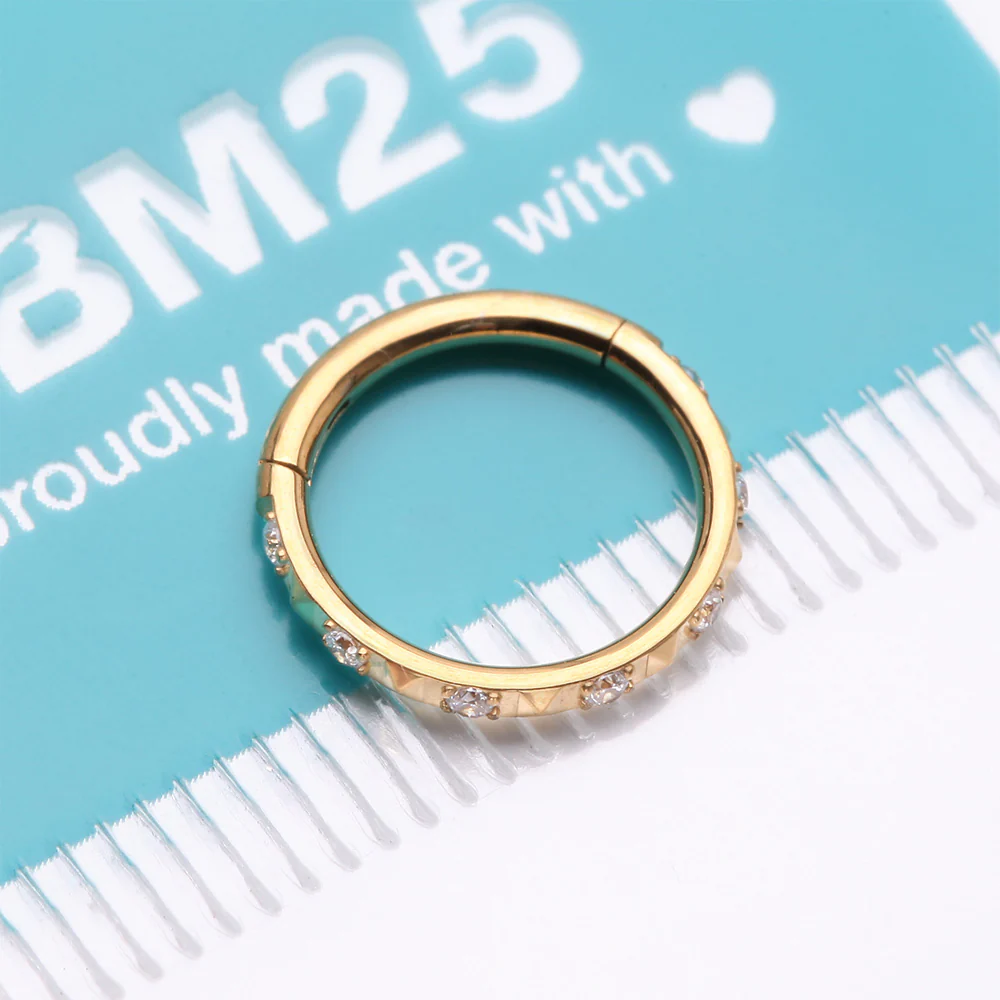 Implant Grade Titanium Golden Pyramid Sparkle Studded Geometric Seamless Clicker Hoop Ring - Image 4
