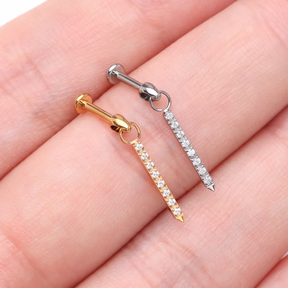 Implant Grade Titanium Golden Sparkle Bar Dangle Internally Threaded Labret - Image 4