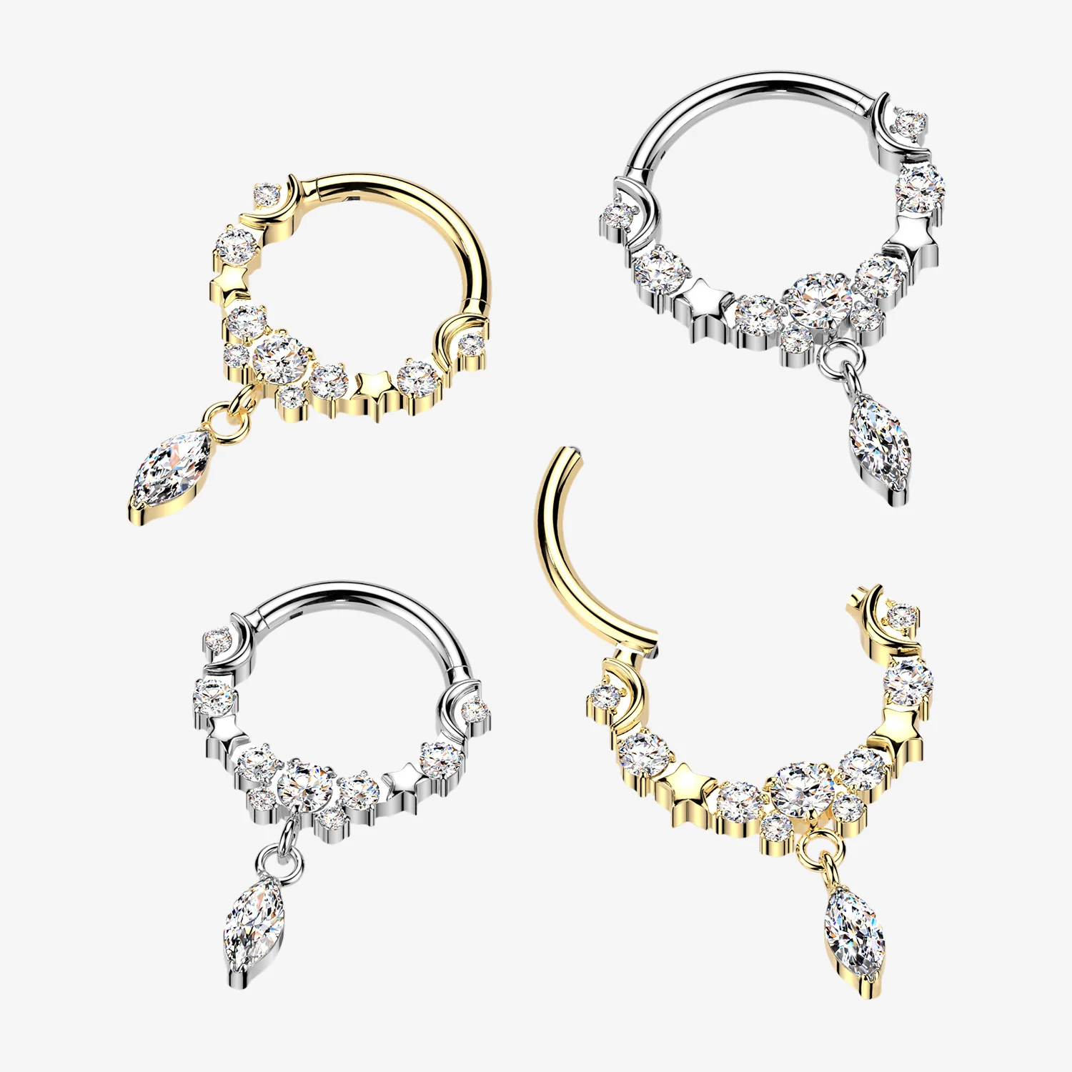 Implant Grade Titanium Golden Sparkle Dangle Crescent Moon and Stars Clicker Hoop Ring - Image 2