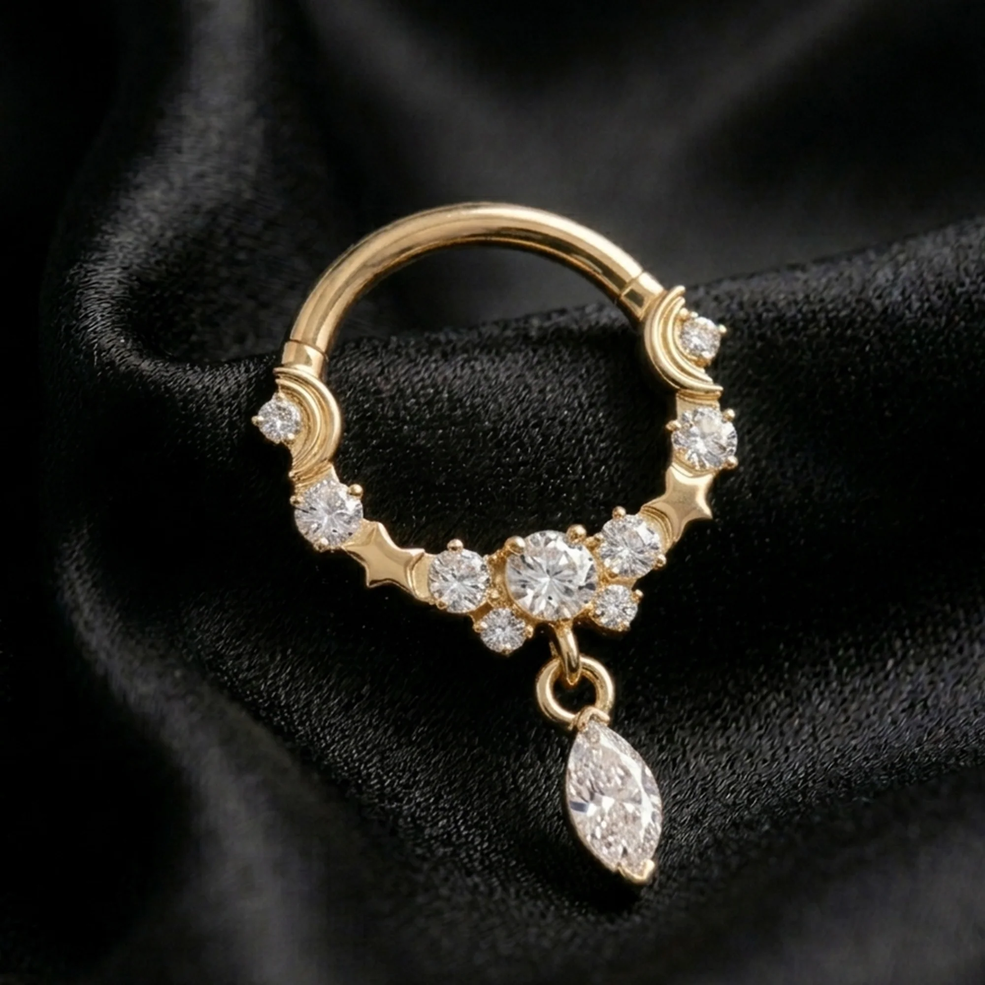 Implant Grade Titanium Golden Sparkle Dangle Crescent Moon and Stars Clicker Hoop Ring - Image 3