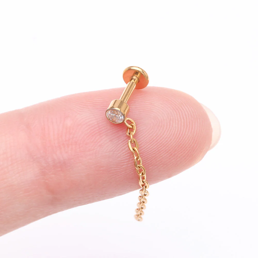 Implant Grade Titanium Golden Sparkle Gem Long Chain Dangle Internally Threaded Labret - Image 3