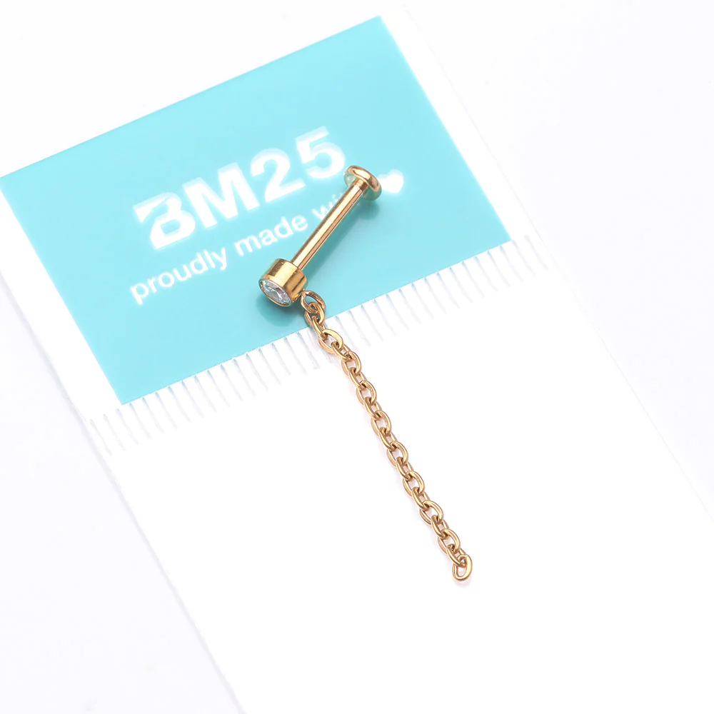 Implant Grade Titanium Golden Sparkle Gem Long Chain Dangle Internally Threaded Labret - Image 5
