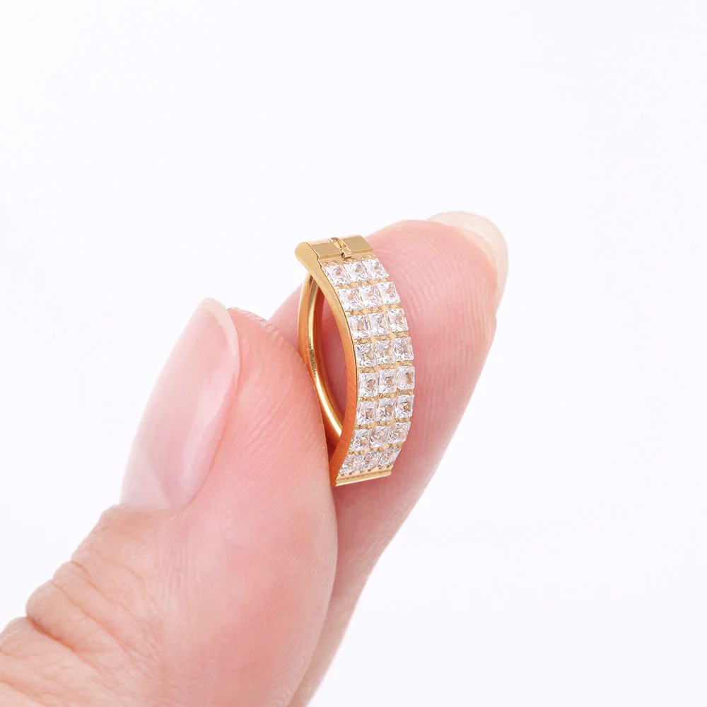 Implant Grade Titanium Golden Square Triple Gem Lined Curved Bar Belly Clicker - Image 3