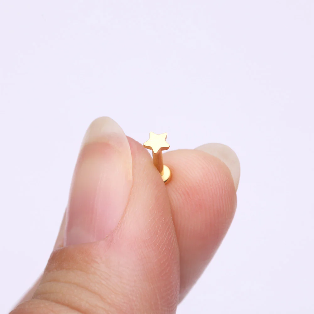 Implant Grade Titanium Golden Star Top Internally Threaded Flat Back Stud Labret - Image 3