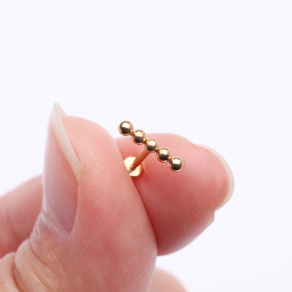 Implant Grade Titanium Golden Straight Beaded Ball Top Internally Threaded Labret Flat Back Stud - Image 3