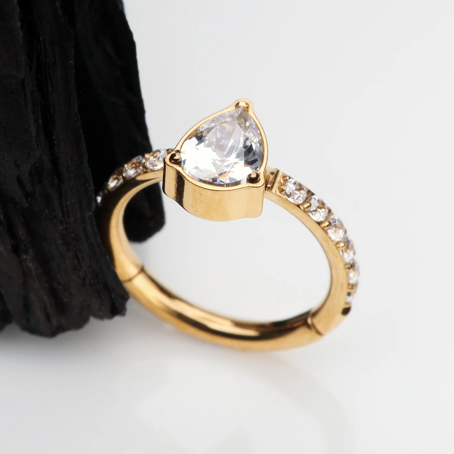 Implant Grade Titanium Golden Teardrop Sparkle Multi-Gem Rimmed Seamless Clicker Hoop Ring - Image 2