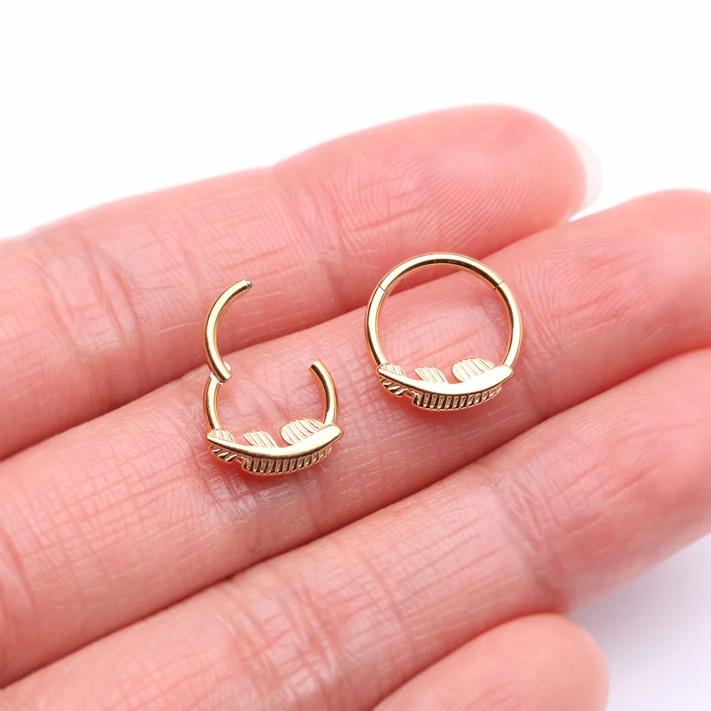 Implant Grade Titanium Golden Vintage Leaf Clicker Hoop Ring - Image 3