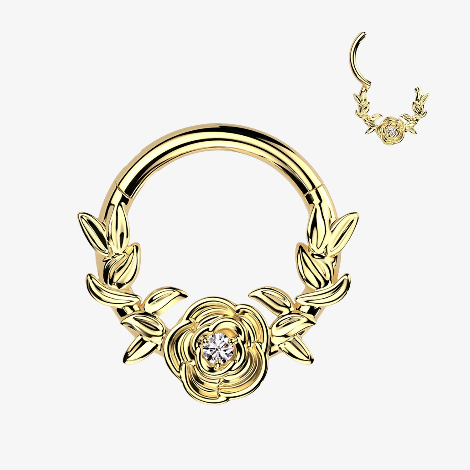 Implant Grade Titanium Golden Vintage Rose and Vines Clicker Hoop Ring