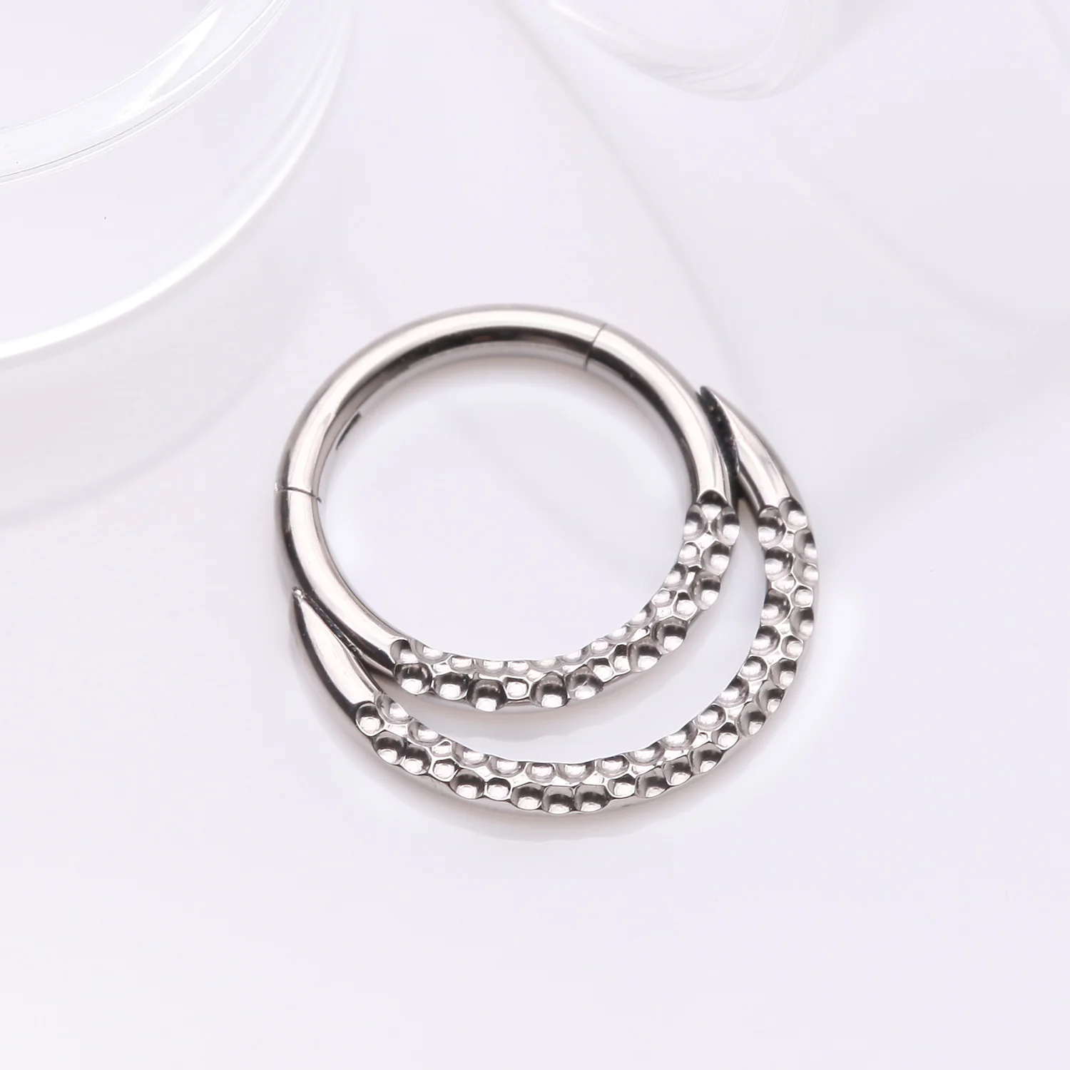 Implant Grade Titanium Hammered Accent Double Loop Clicker Hoop Ring - Image 2