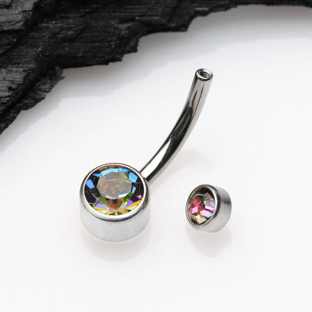 Implant Grade Titanium Internally Threaded Bezel Set Gem Belly Button Ring - Image 4