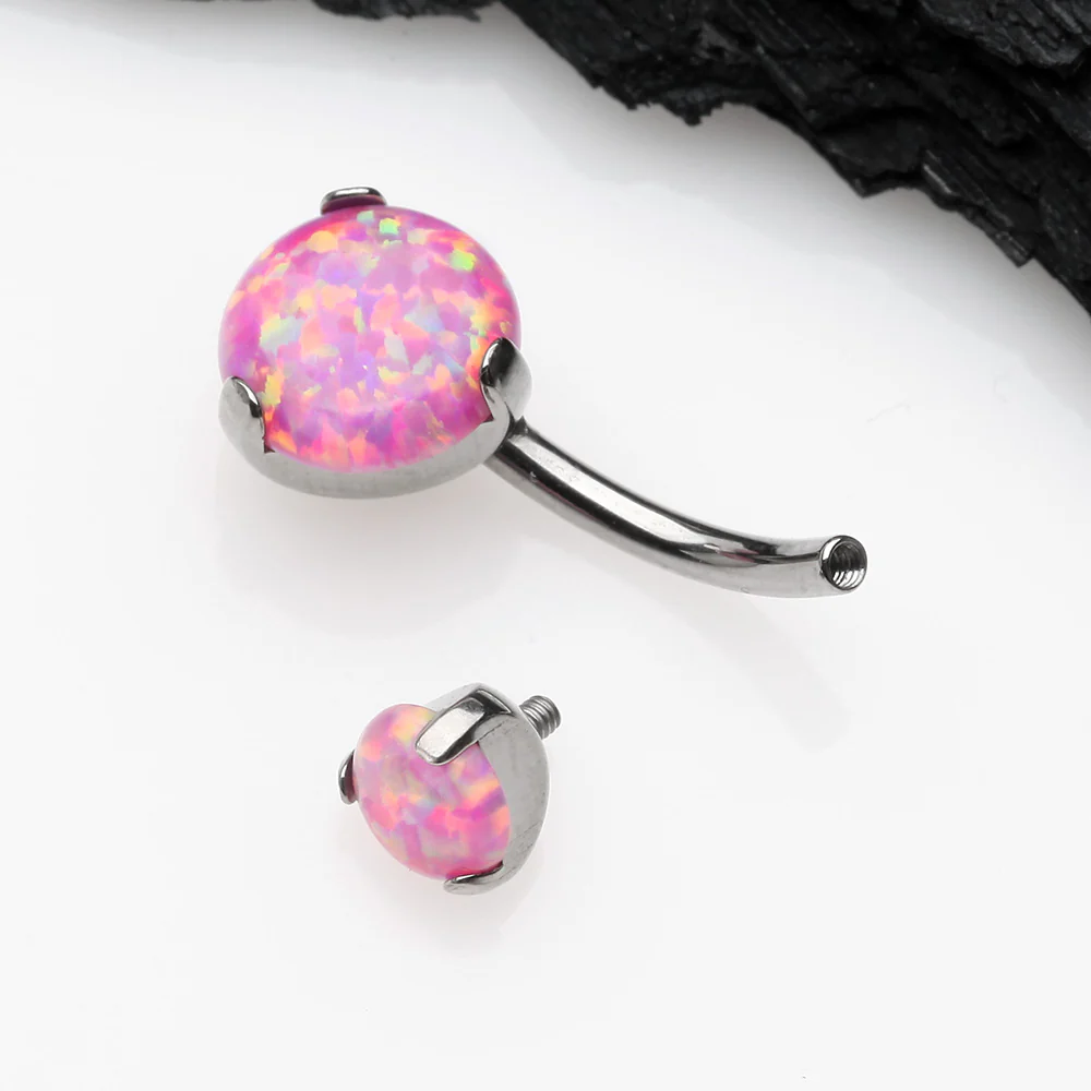 Implant Grade Titanium Internally Threaded Opal Prong Belly Button Ring - Image 4