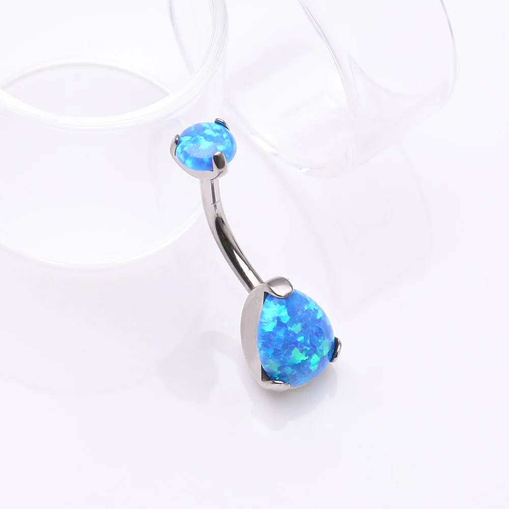 Implant Grade Titanium Internally Threaded Teardrop Opal Prong Belly Button Ring - Image 3