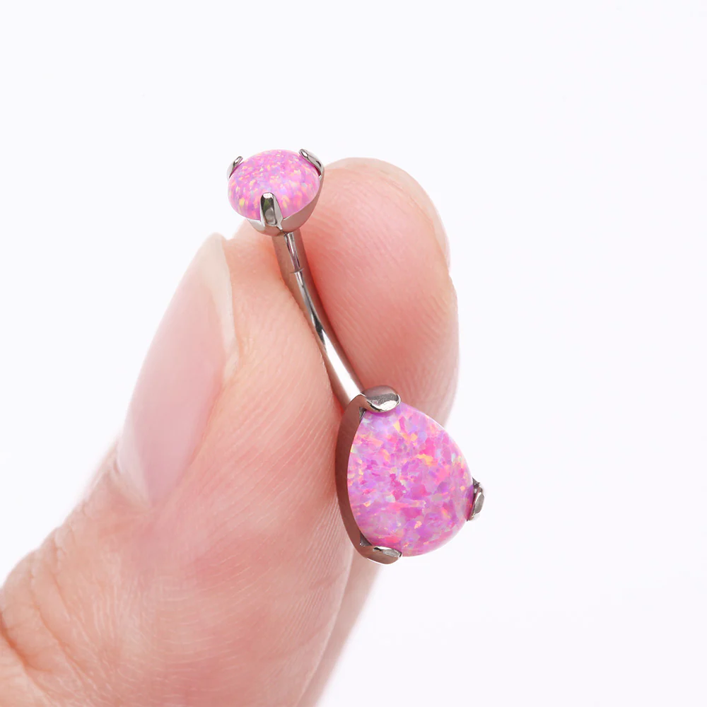 Implant Grade Titanium Internally Threaded Teardrop Opal Prong Belly Button Ring - Image 4