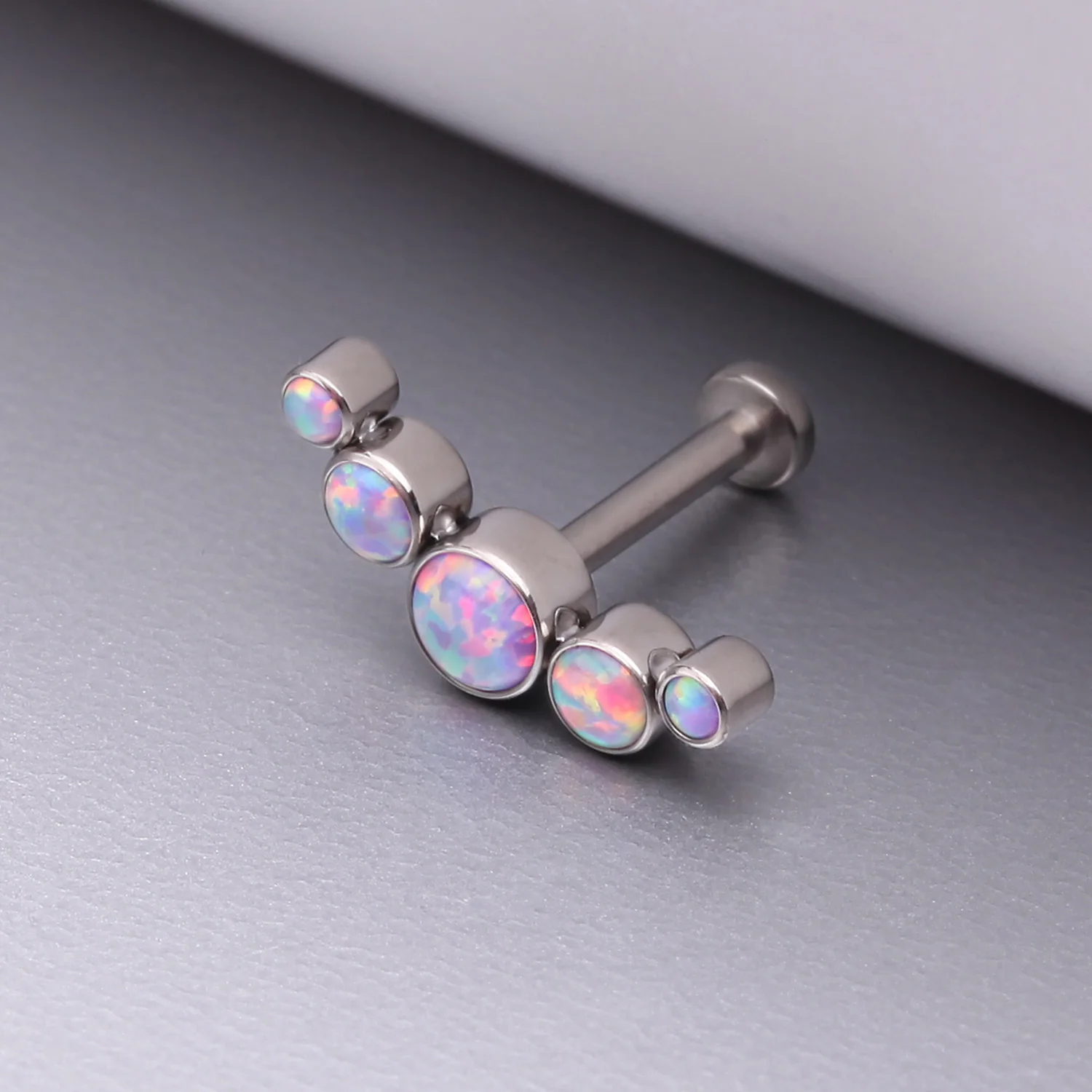 Implant Grade Titanium Journey Fire Opal Curve Top Internally Threaded Flat Back Stud Labret - Image 2