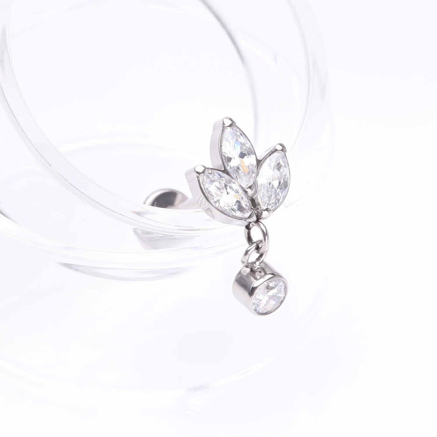 Implant Grade Titanium Marquise Flower Sparkle Dangle Internally Threaded Flat Back Stud Labret - Image 2