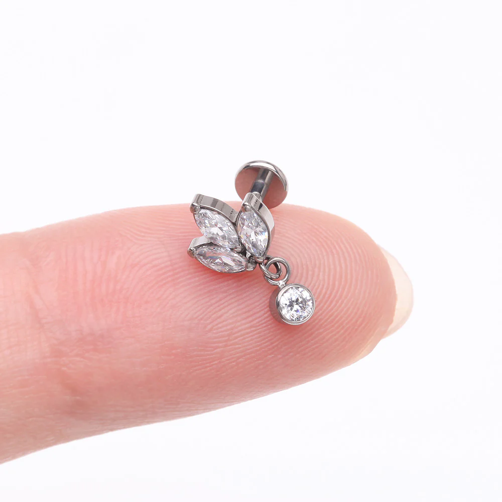 Implant Grade Titanium Marquise Flower Sparkle Dangle Internally Threaded Flat Back Stud Labret - Image 3