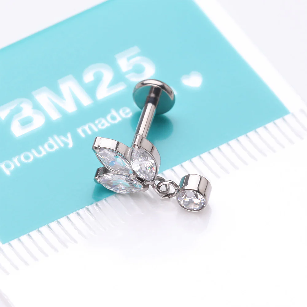 Implant Grade Titanium Marquise Flower Sparkle Dangle Internally Threaded Flat Back Stud Labret - Image 5
