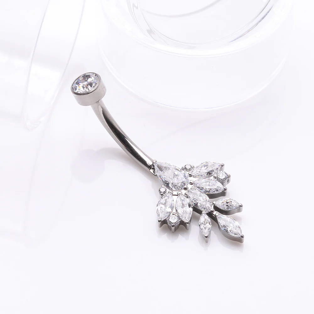 Implant Grade Titanium Marquise Leaflet Sparkle Internally Threaded Belly Ring - Image 3