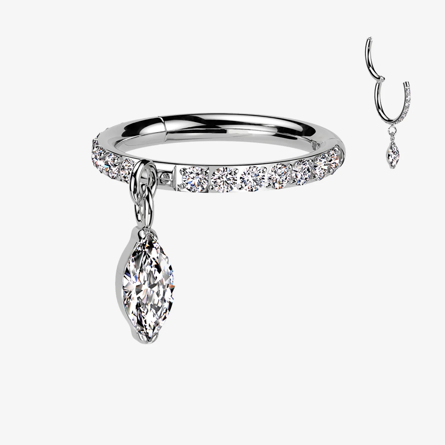 Implant Grade Titanium Marquise Sparkle Dangle Gem Lined Clicker Hoop Ring