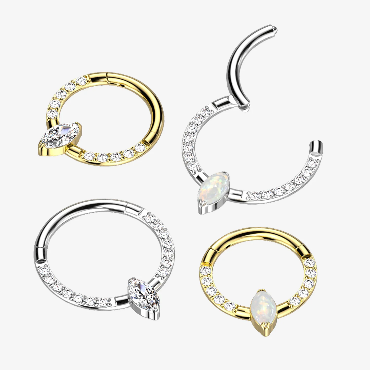 Implant Grade Titanium Marquise Sparkle Fire Opal Lined Clicker Hoop Ring - Image 2