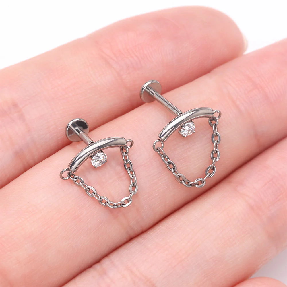 Implant Grade Titanium Modern Curve Sparkle Chained Internally Threaded Labret - Image 4