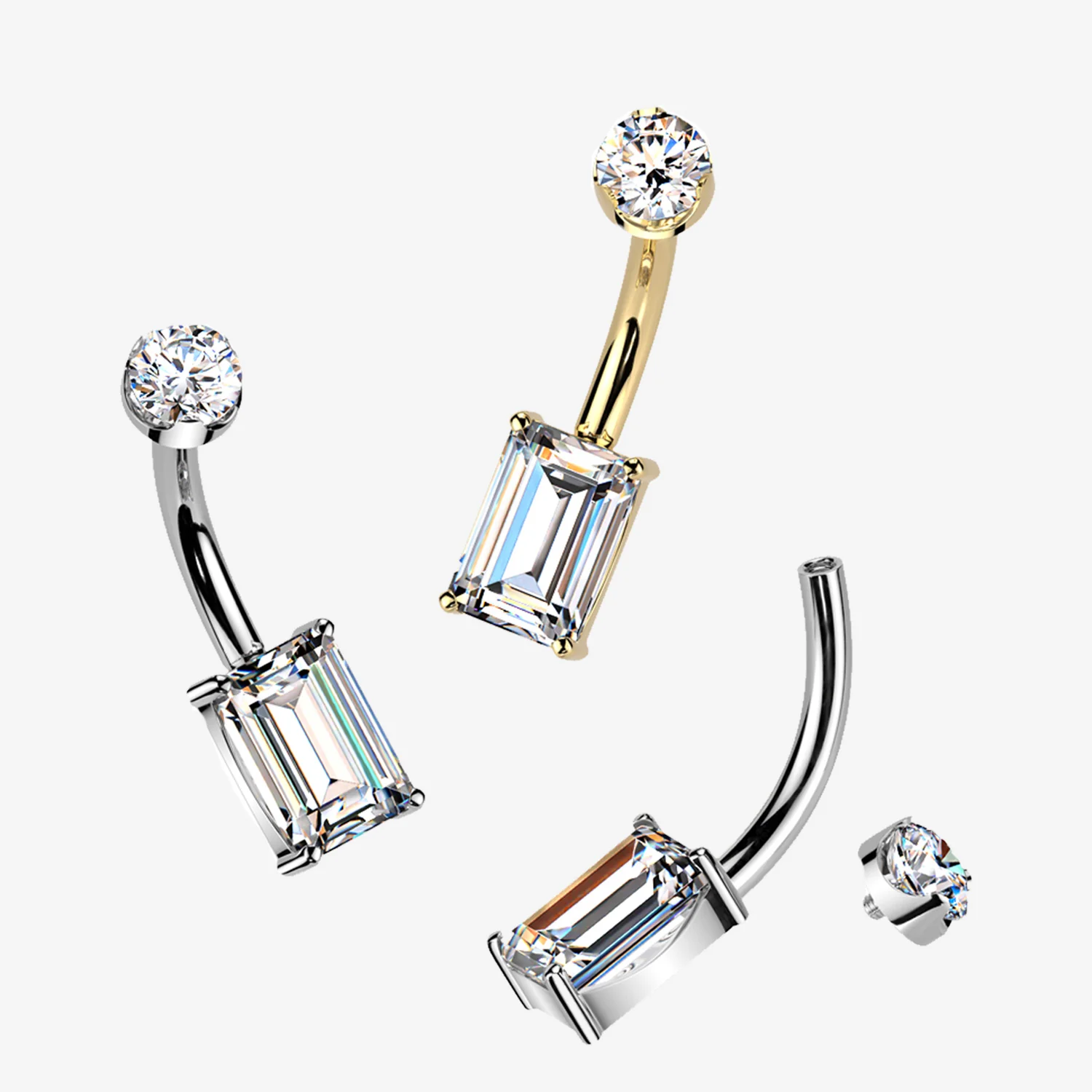 Implant Grade Titanium Moissanite Emerald Cut Sparkle Internally Threaded Belly Button Ring - Image 2