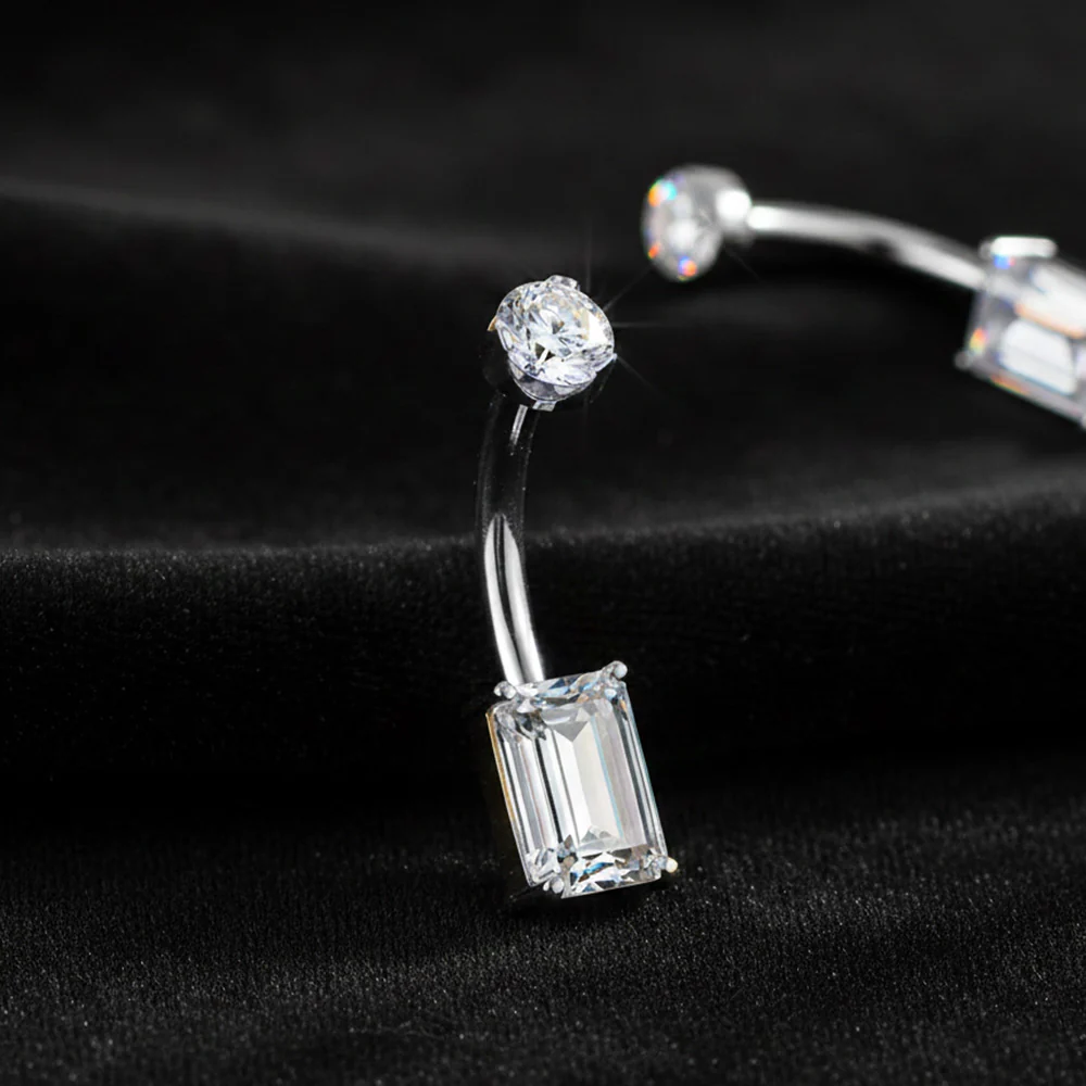 Implant Grade Titanium Moissanite Emerald Cut Sparkle Internally Threaded Belly Button Ring - Image 3