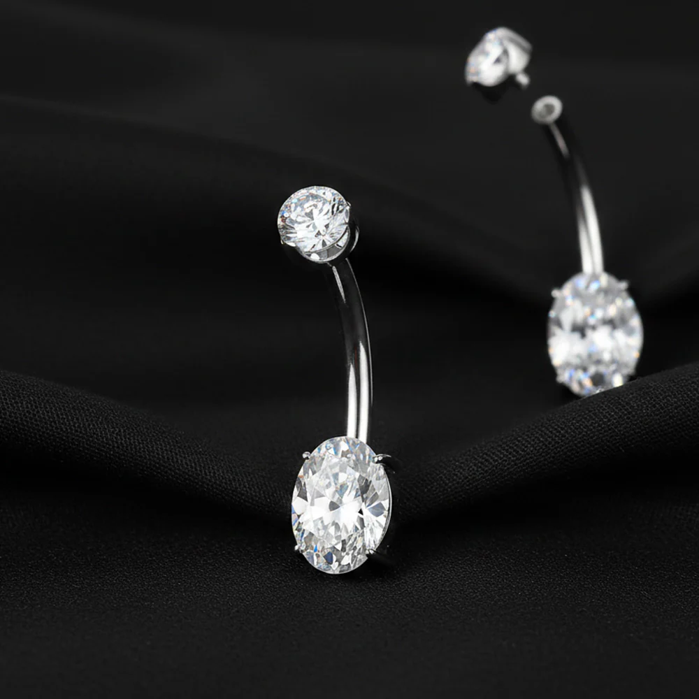 Implant Grade Titanium Moissanite Oval Sparkle Internally Threaded Belly Button Ring - Image 3